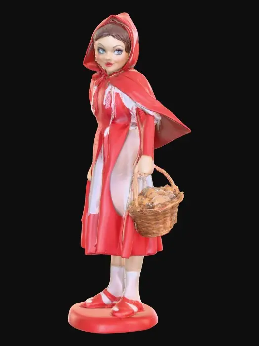 3D model for Super sexy very busty and a bit naughty Little red riding hood carrying a baskets of goodies. Positioned on a round base.