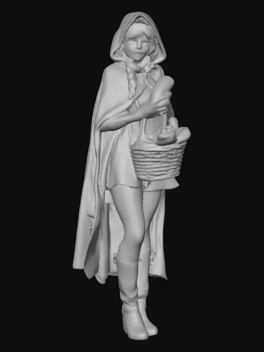 3D model for A sensuous large breasted red riding hood carrying a baskets of goodies in one hand. She is holding a piece of bread in her other hand as she walks. Positioned on a round base. Naughty fairytales