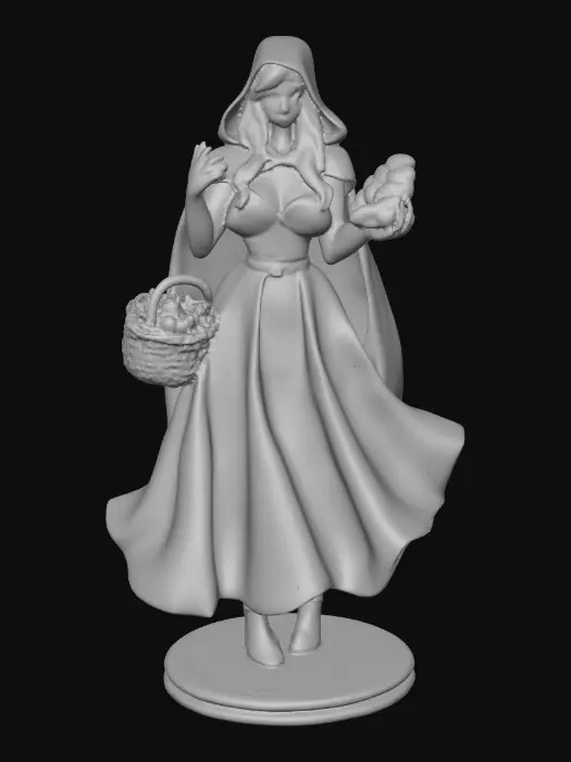 3D model for A voluptuous sensuous busty red riding hood carrying a baskets of goodies. She is eating a piece of bread as she walks. Positioned on a round base. Naughty fairytales