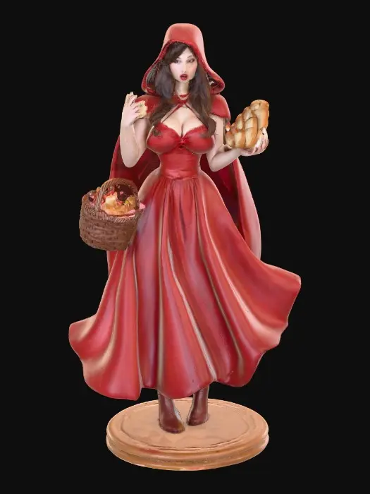 3D model for A voluptuous sensuous busty red riding hood carrying a baskets of goodies. She is eating a piece of bread as she walks. Positioned on a round base. Naughty fairytales