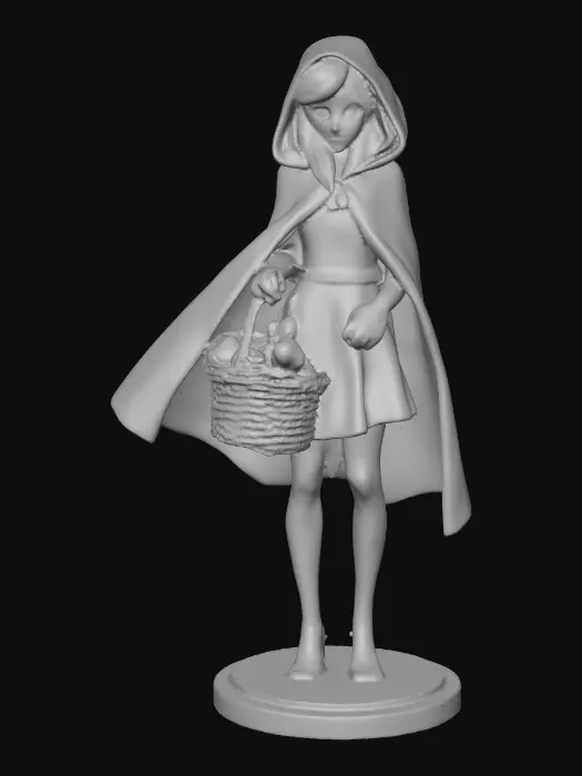 3D model for A voluptuous sensuous busty red riding hood carrying a baskets of goodies. She is eating a piece of bread as she walks. Positioned on a round base. Naughty fairytales
