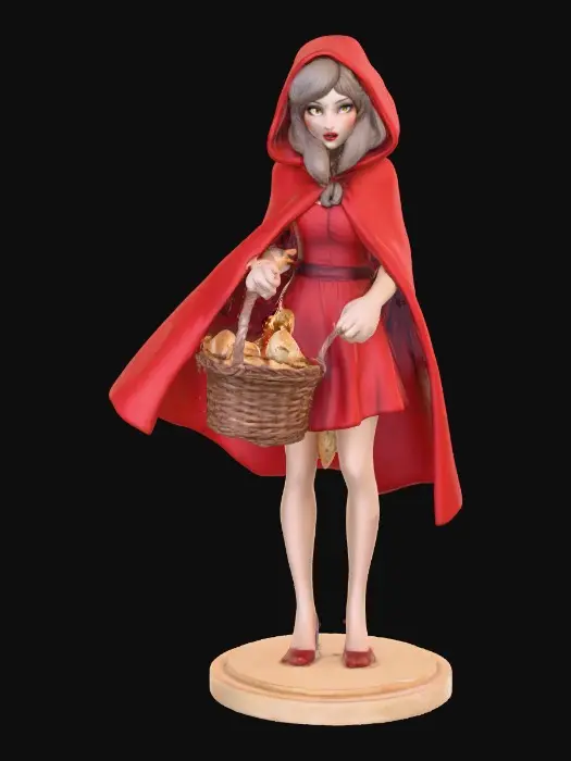 3D model for A voluptuous sensuous busty red riding hood carrying a baskets of goodies. She is eating a piece of bread as she walks. Positioned on a round base. Naughty fairytales