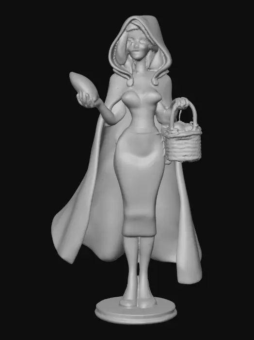3D model for A sensuous large breasted red riding hood carrying a baskets of goodies in one hand. She is holding a piece of bread in her other hand as she walks. Positioned on a round base. Naughty fairytales