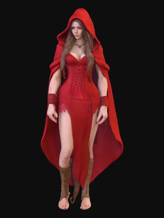 3D model for A highly realistic 3D character of an adult (21+) red-hooded b woman, inspired by medieval folklore. She wears a red hooded cloak made of heavy woven fabric with subtle weathering and realistic cloth folds. Her outfit consists of fitted fantasy red lace dress and red boots,, her hair is long, loose curls.
Body proportions are realistic and mature, athletic with natural curves, anatomically correct, no exaggeration, no nudity. Skin shows realistic texture, pores, and subsurface scattering. Facial features are adult, confident, and focused, with neutral expression.
High-detail 3D sculpt style, cinematic realism, physically based rendering, neutral studio lighting, gray background.firtly pose while sitting on a long in the forest
Designed for 3D modeling reference: clean silhouette, clear