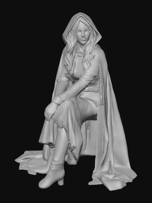 3D model for A highly realistic 3D character of an adult (21+) red-hooded b woman, inspired by medieval folklore. She wears a red hooded cloak made of heavy woven fabric with subtle weathering and realistic cloth folds. Her outfit consists of fitted fantasy red lace dress and red boots,, her hair is long, loose curls.
Body proportions are realistic and mature, athletic with natural curves, anatomically correct, no exaggeration, no nudity. Skin shows realistic texture, pores, and subsurface scattering. Facial features are adult, confident, and focused, with neutral expression.
High-detail 3D sculpt style, cinematic realism, physically based rendering, neutral studio lighting, gray background.firtly pose while sitting on a long in the forest
Designed for 3D modeling reference: clean silhouette, clear