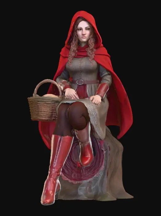 3D model for A highly realistic 3D character of an adult (21+)  inspired by medieval folklore. She wears a red hooded cloak made of heavy woven fabric with subtle weathering and realistic cloth folds. Her outfit consists of fitted fantasy red lace dress and red boots,, her hair is long, loose curls.
Body proportions are realistic and mature, athletic with natural curvy curves, anatomically correct. Skin shows realistic texture, pores, and subsurface scattering. Facial features are adult, confident, and focused, with neutral expression.
High-detail 3D sculpt style, she carries a basket of bread. cinematic realism, physically based rendering, neutral studio lighting, gray background.firtly pose while sitting on a log in the forest
Designed for 3D modeling reference: clean silhouette. Sexy