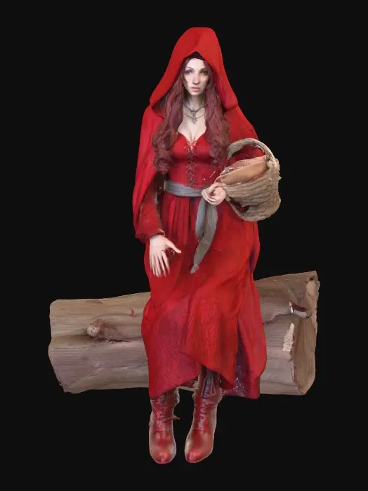 3D model for A highly realistic 3D character of an adult (21+)  inspired by medieval folklore. She wears a red hooded cloak made of heavy woven fabric with subtle weathering and realistic cloth folds. Her outfit consists of fitted fantasy red lace dress and red boots,, her hair is long, loose curls.
Body proportions are realistic and mature, athletic with natural curvy curves, anatomically correct. Skin shows realistic texture, pores, and subsurface scattering. Facial features are adult, confident, and focused, with neutral expression.
High-detail 3D sculpt style, she carries a basket of bread. cinematic realism, physically based rendering, neutral studio lighting, gray background.firtly pose while sitting on a log in the forest
Designed for 3D modeling reference: clean silhouette. Sexy