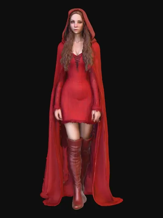 3D model for A highly realistic 3D character of an adult (21+)  inspired by medieval folklore. She wears a red hooded cloak made of heavy woven fabric with subtle weathering and realistic cloth folds. Her outfit consists of fitted fantasy red lace dress and red boots,, her hair is long, loose curls.
Body proportions are realistic and mature, athletic with natural curvy curves, anatomically correct. Skin shows realistic texture, pores, and subsurface scattering. Facial features are adult, confident, and focused, with neutral expression.
High-detail 3D sculpt style, she carries a basket of bread. cinematic realism, physically based rendering, neutral studio lighting, gray background.firtly pose while sitting on a log in the forest
Designed for 3D modeling reference: clean silhouette. Sexy