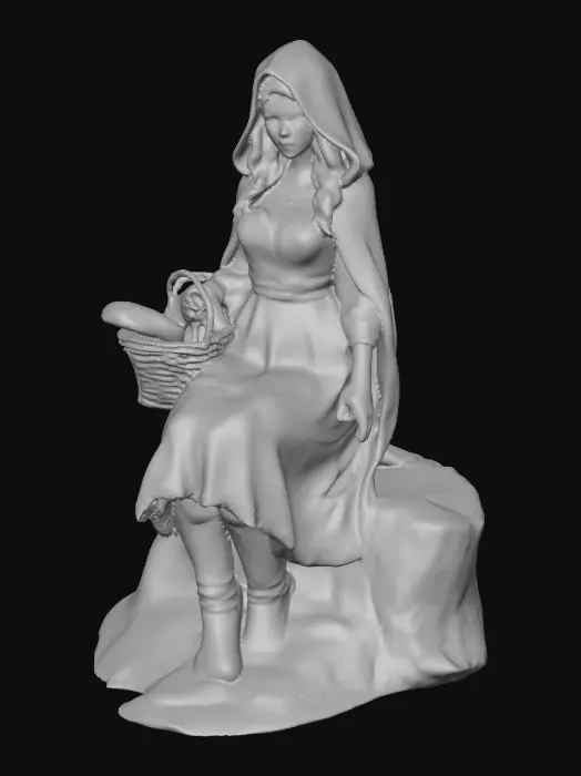 3D model for A highly realistic 3D character of an adult (21+)  inspired by medieval folklore. She wears a red hooded cloak made of heavy woven fabric with subtle weathering and realistic cloth folds. Her outfit consists of fitted fantasy red lace dress and red boots,, her hair is long, loose curls.
Body proportions are realistic and mature, athletic with natural curvy curves, anatomically correct. Skin shows realistic texture, pores, and subsurface scattering. Facial features are adult, confident, and focused, with neutral expression.
High-detail 3D sculpt style, she carries a basket of bread. cinematic realism, physically based rendering, neutral studio lighting, gray background.firtly pose while sitting on a log in the forest
Designed for 3D modeling reference: clean silhouette. Sexy