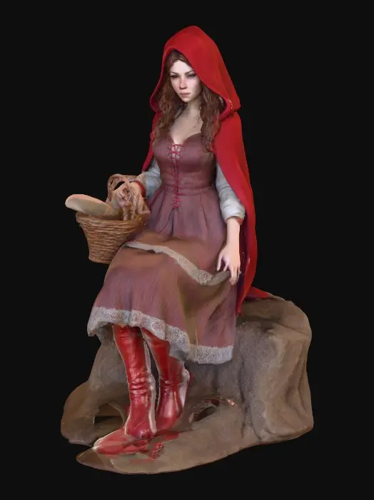 3D model for A highly realistic 3D character of an adult (21+)  inspired by medieval folklore. She wears a red hooded cloak made of heavy woven fabric with subtle weathering and realistic cloth folds. Her outfit consists of fitted fantasy red lace dress and red boots,, her hair is long, loose curls.
Body proportions are realistic and mature, athletic with natural curvy curves, anatomically correct. Skin shows realistic texture, pores, and subsurface scattering. Facial features are adult, confident, and focused, with neutral expression.
High-detail 3D sculpt style, she carries a basket of bread. cinematic realism, physically based rendering, neutral studio lighting, gray background.firtly pose while sitting on a log in the forest
Designed for 3D modeling reference: clean silhouette. Sexy