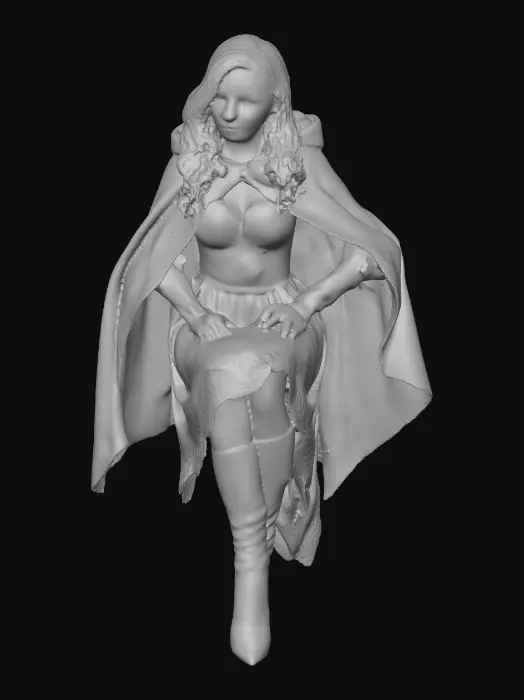 3D model for A highly realistic 3D character of an adult (21+)  inspired by medieval folklore. She wears a red hooded cloak made of heavy woven fabric with subtle weathering and realistic cloth folds. Her outfit consists of fitted fantasy red lace dress and red boots,, her hair is long, loose curls.
Body proportions are realistic and mature, athletic with natural curvy curves, anatomically correct. Skin shows realistic texture, pores, and subsurface scattering. Facial features are adult, confident, and focused, with neutral expression.
High-detail 3D sculpt style, she carries a basket of bread. cinematic realism, physically based rendering, neutral studio lighting, gray background.firtly pose while sitting on a log in the forest
Designed for 3D modeling reference: clean silhouette. Sexy