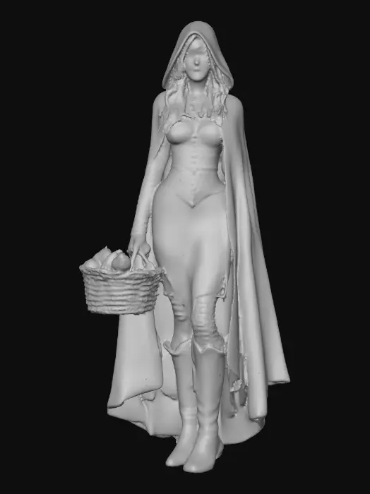 3D model for A highly realistic 3D character of an adult (21+)  inspired by medieval folklore. She wears a red hooded cloak made of heavy woven fabric with subtle weathering and realistic cloth folds. Her outfit consists of fitted fantasy red lace dress and red boots,, her hair is long, loose curls.
Body proportions are realistic and mature, athletic with natural curvy curves, anatomically correct. Skin shows realistic texture, pores, and subsurface scattering. Facial features are adult, confident, and focused, with neutral expression.
High-detail 3D sculpt style, she carries a basket of bread. cinematic realism, physically based rendering, neutral studio lighting, gray background.firtly pose while sitting on a log in the forest
Designed for 3D modeling reference: clean silhouette. Sexy