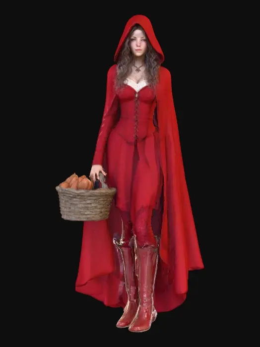 3D model for A highly realistic 3D character of an adult (21+)  inspired by medieval folklore. She wears a red hooded cloak made of heavy woven fabric with subtle weathering and realistic cloth folds. Her outfit consists of fitted fantasy red lace dress and red boots,, her hair is long, loose curls.
Body proportions are realistic and mature, athletic with natural curvy curves, anatomically correct. Skin shows realistic texture, pores, and subsurface scattering. Facial features are adult, confident, and focused, with neutral expression.
High-detail 3D sculpt style, she carries a basket of bread. cinematic realism, physically based rendering, neutral studio lighting, gray background.firtly pose while sitting on a log in the forest
Designed for 3D modeling reference: clean silhouette. Sexy