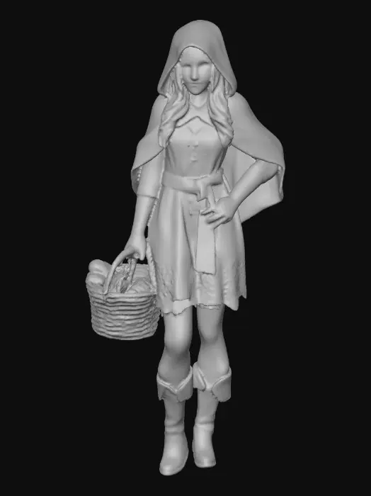 3D model for A highly realistic 3D character of an adult (21+)  inspired by medieval folklore. She wears a red hooded cloak made of heavy woven fabric with subtle weathering and realistic cloth folds. Her outfit consists of fitted fantasy red lace dress and red boots,, her hair is long, loose curls.
Body proportions are realistic and mature, athletic with natural curvy curves, anatomically correct. Skin shows realistic texture, pores, and subsurface scattering. Facial features are adult, confident, and focused, with neutral expression.
High-detail 3D sculpt style, she carries a basket of bread. cinematic realism, physically based rendering, neutral studio lighting, gray background.firtly pose while sitting on a log in the forest
Designed for 3D modeling reference: clean silhouette. Sexy