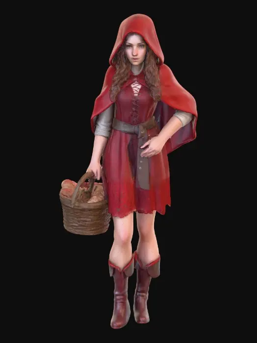 3D model for A highly realistic 3D character of an adult (21+)  inspired by medieval folklore. She wears a red hooded cloak made of heavy woven fabric with subtle weathering and realistic cloth folds. Her outfit consists of fitted fantasy red lace dress and red boots,, her hair is long, loose curls.
Body proportions are realistic and mature, athletic with natural curvy curves, anatomically correct. Skin shows realistic texture, pores, and subsurface scattering. Facial features are adult, confident, and focused, with neutral expression.
High-detail 3D sculpt style, she carries a basket of bread. cinematic realism, physically based rendering, neutral studio lighting, gray background.firtly pose while sitting on a log in the forest
Designed for 3D modeling reference: clean silhouette. Sexy