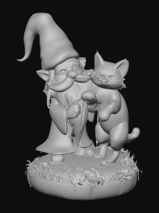 3D model for Hyper-realistic adorable wizard gnome and a long-whiskered cat playfully tugging a war with the gnome's long beard. They are positioned on a small, round grassy base adorned with delicate daisy-like flowers, evoking a scene of pure, joyful fun. The background is a clean, plain white, ensuring the focus remains entirely on the charming interaction between the gnome and the cat. Rendered in a vibrant, whimsical illustration style with soft, rounded edges, reminiscent of children's book art and the playful character designs of [artists like Beatrix Potter and Mary Blair], with bright, cheerful lighting.