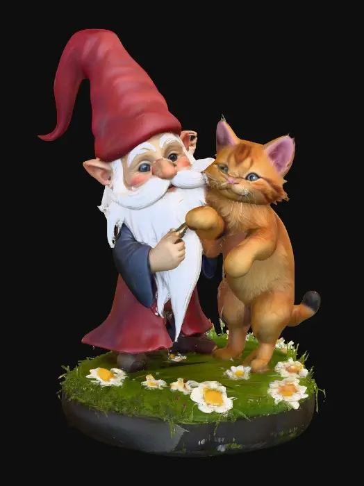 3D model for Hyper-realistic adorable wizard gnome and a long-whiskered cat playfully tugging a war with the gnome's long beard. They are positioned on a small, round grassy base adorned with delicate daisy-like flowers, evoking a scene of pure, joyful fun. The background is a clean, plain white, ensuring the focus remains entirely on the charming interaction between the gnome and the cat. Rendered in a vibrant, whimsical illustration style with soft, rounded edges, reminiscent of children's book art and the playful character designs of [artists like Beatrix Potter and Mary Blair], with bright, cheerful lighting.