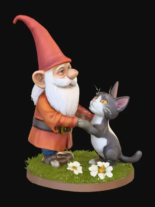 3D model for Hyper-realistic adorable wizard gnome and a long-whiskered cat playfully tugging a war with the gnome's long beard. They are positioned on a small, round grassy base adorned with delicate daisy-like flowers, evoking a scene of pure, joyful fun. The background is a clean, plain white, ensuring the focus remains entirely on the charming interaction between the gnome and the cat. Rendered in a vibrant, whimsical illustration style with soft, rounded edges, reminiscent of children's book art and the playful character designs of [artists like Beatrix Potter and Mary Blair], with bright, cheerful lighting.
