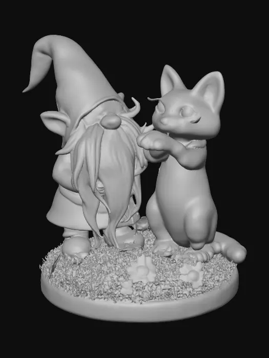 3D model for Hyper-realistic adorable wizard gnome and a long-whiskered cat playfully tugging a war with the gnome's long beard. They are positioned on a small, round grassy base adorned with delicate daisy-like flowers, evoking a scene of pure, joyful fun. The background is a clean, plain white, ensuring the focus remains entirely on the charming interaction between the gnome and the cat. Rendered in a vibrant, whimsical illustration style with soft, rounded edges, reminiscent of children's book art and the playful character designs of [artists like Beatrix Potter and Mary Blair], with bright, cheerful lighting.