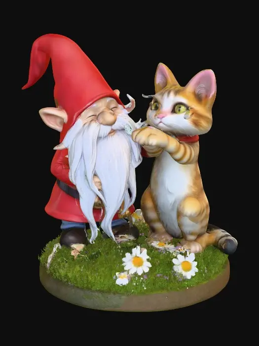 3D model for Hyper-realistic adorable wizard gnome and a long-whiskered cat playfully tugging a war with the gnome's long beard. They are positioned on a small, round grassy base adorned with delicate daisy-like flowers, evoking a scene of pure, joyful fun. The background is a clean, plain white, ensuring the focus remains entirely on the charming interaction between the gnome and the cat. Rendered in a vibrant, whimsical illustration style with soft, rounded edges, reminiscent of children's book art and the playful character designs of [artists like Beatrix Potter and Mary Blair], with bright, cheerful lighting.