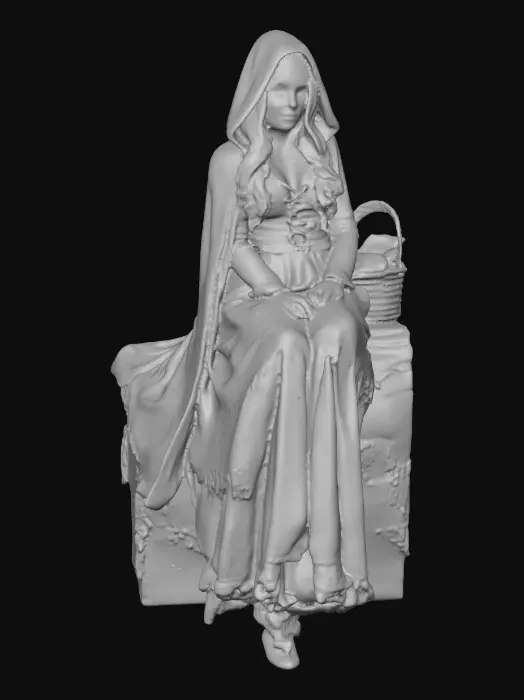 3D model for A highly realistic 3D character of an adult (21+)  inspired by medieval folklore. She wears a red hooded cloak made of heavy woven fabric with subtle weathering and realistic cloth folds. Her outfit consists of fitted fantasy red lace dress and red boots,, her hair is long, loose curls.
Body proportions are realistic and mature, athletic with natural curvy curves, anatomically correct. Skin shows realistic texture, pores, and subsurface scattering. Facial features are adult, confident, and focused, with neutral expression.
High-detail 3D sculpt style, she carries a basket of bread. cinematic realism, physically based rendering, neutral studio lighting, gray background.firtly pose while sitting on a log in the forest
Designed for 3D modeling reference: clean silhouette. Sexy