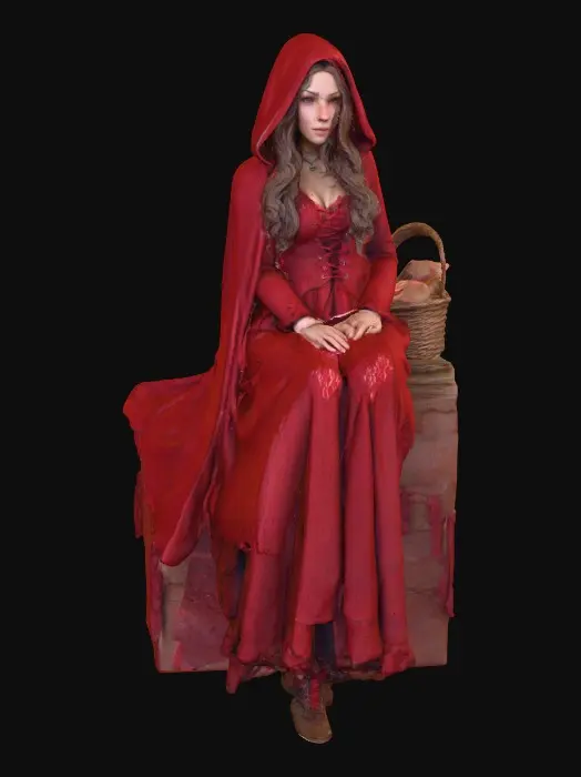 3D model for A highly realistic 3D character of an adult (21+)  inspired by medieval folklore. She wears a red hooded cloak made of heavy woven fabric with subtle weathering and realistic cloth folds. Her outfit consists of fitted fantasy red lace dress and red boots,, her hair is long, loose curls.
Body proportions are realistic and mature, athletic with natural curvy curves, anatomically correct. Skin shows realistic texture, pores, and subsurface scattering. Facial features are adult, confident, and focused, with neutral expression.
High-detail 3D sculpt style, she carries a basket of bread. cinematic realism, physically based rendering, neutral studio lighting, gray background.firtly pose while sitting on a log in the forest
Designed for 3D modeling reference: clean silhouette. Sexy