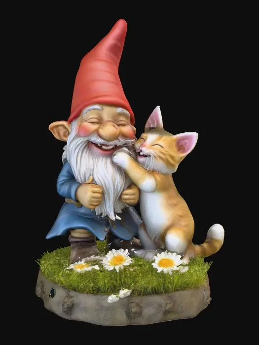 3D model for Hyper-realistic adorable laughing gnome and an adorable long-whiskered kitten that is playfully tugging at a strand of the gnome's long beard. They are positioned on a small, round grassy base adorned with delicate daisy-like flowers, evoking a scene of pure, joyful fun