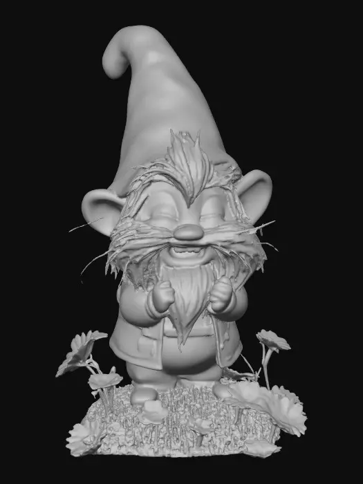 3D model for Hyper-realistic adorable laughing gnome and an adorable long-whiskered kitten that is playfully tugging at a strand of the gnome's long beard. They are positioned on a small, round grassy base adorned with delicate daisy-like flowers, evoking a scene of pure, joyful fun
