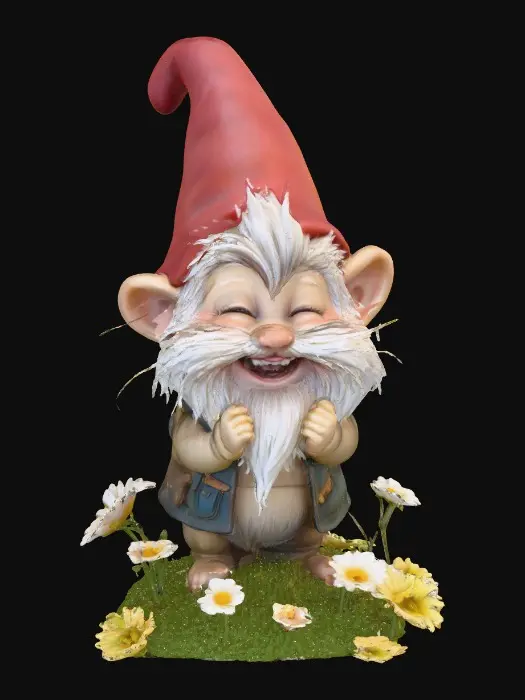 3D model for Hyper-realistic adorable laughing gnome and an adorable long-whiskered kitten that is playfully tugging at a strand of the gnome's long beard. They are positioned on a small, round grassy base adorned with delicate daisy-like flowers, evoking a scene of pure, joyful fun