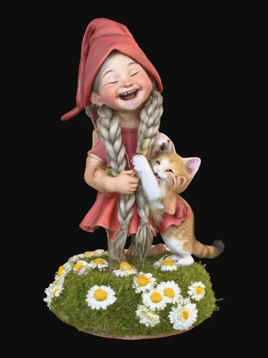 3D model for Hyper-realistic, adorable, laughing girl gnome with long, intricate braids and a playful kitten tugging at one braid, perched on a small, round grassy base with delicate daisy-like flowers, evoking joyous fun. Clean, plain white background.