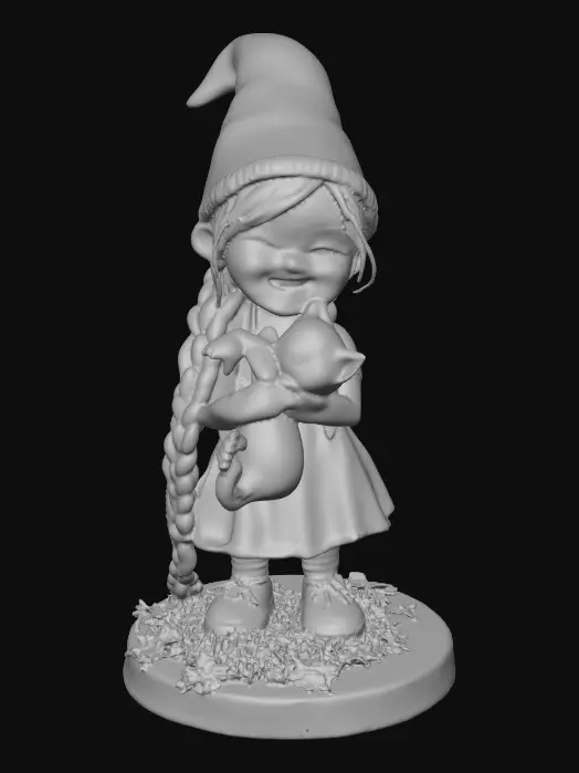 3D model for Hyper-realistic, adorable, laughing girl gnome with long, intricate braids and a playful kitten tugging at one braid, perched on a small, round grassy base with delicate daisy-like flowers, evoking joyous fun. Clean, plain white background.