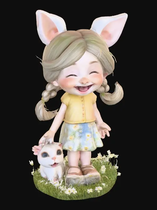 3D model for Hyper-realistic, adorable, laughing girl gnome with long, intricate braids and a playful kitten tugging at one braid, perched on a small, round grassy base with delicate daisy-like flowers, evoking joyous fun. Clean, plain white background.