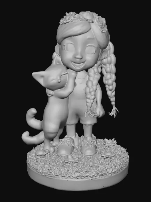 3D model for Cartoonish, adorable, laughing, freckled face, green eyed girl with long, red, intricate braids and a playful kitten with a flower crown, tugging at one of the braids, they are perched on a small, round grassy base with delicate daisy-like flowers, evoking joyous fun. Suitable for 3d printing. Well formed limbs and clear faces.