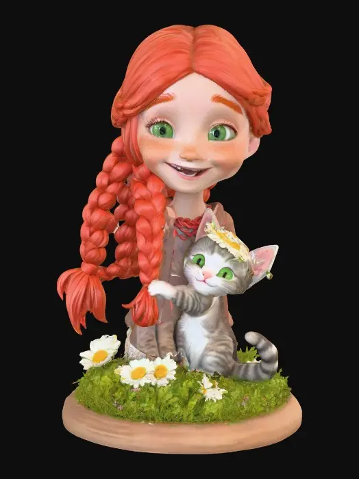 3D model for Cartoonish, adorable, laughing, freckled face, green eyed girl with long, red, intricate braids and a playful kitten with a flower crown, tugging at one of the braids, they are perched on a small, round grassy base with delicate daisy-like flowers, evoking joyous fun. Suitable for 3d printing. Well formed limbs and clear faces.