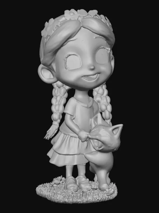 3D model for Cartoonish, adorable, laughing, freckled face, green eyed girl with long, red, intricate braids and a playful kitten with a flower crown, tugging at one of the braids, they are perched on a small, round grassy base with delicate daisy-like flowers, evoking joyous fun. Suitable for 3d printing. Well formed limbs and clear faces.