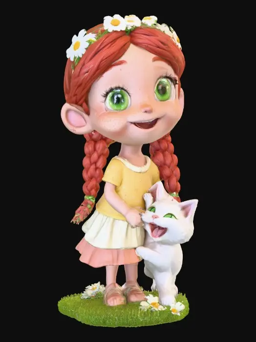 3D model for Cartoonish, adorable, laughing, freckled face, green eyed girl with long, red, intricate braids and a playful kitten with a flower crown, tugging at one of the braids, they are perched on a small, round grassy base with delicate daisy-like flowers, evoking joyous fun. Suitable for 3d printing. Well formed limbs and clear faces.