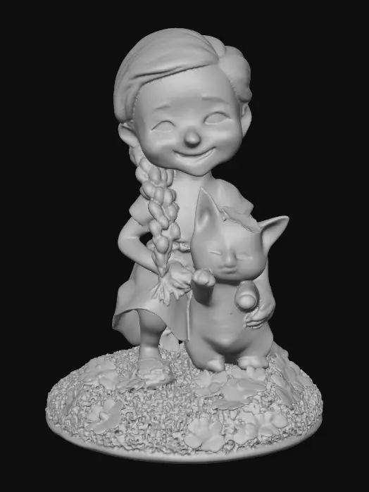 3D model for Cartoonish, adorable, laughing, freckled face, green eyed girl with long, red, intricate braids and a playful kitten with a flower crown, tugging at one of the braids, they are perched on a small, round grassy base with delicate daisy-like flowers, evoking joyous fun. Suitable for 3d printing. Well formed limbs and clear faces.