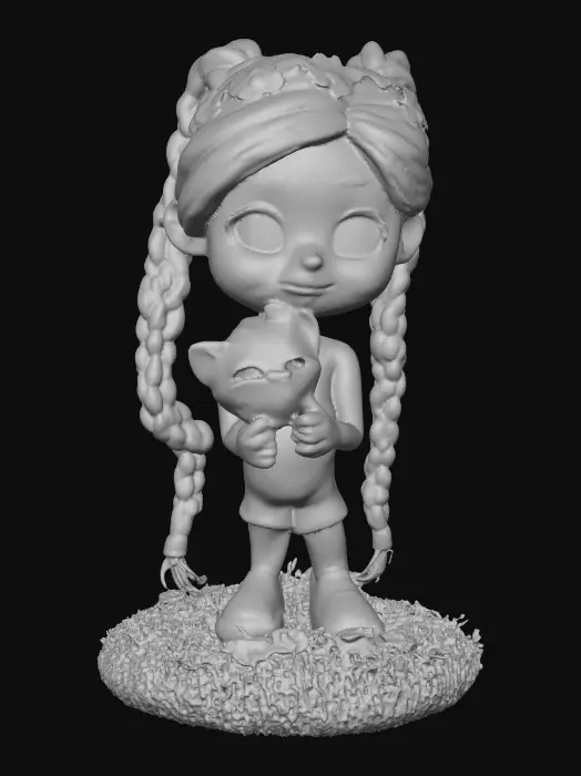 3D model for Cartoonish, adorable, laughing, freckled face, green eyed girl with long, red, intricate braids and a playful kitten with a flower crown, tugging at one of the braids, they are perched on a small, round grassy base with delicate daisy-like flowers, evoking joyous fun. Suitable for 3d printing. Well formed limbs and clear faces.