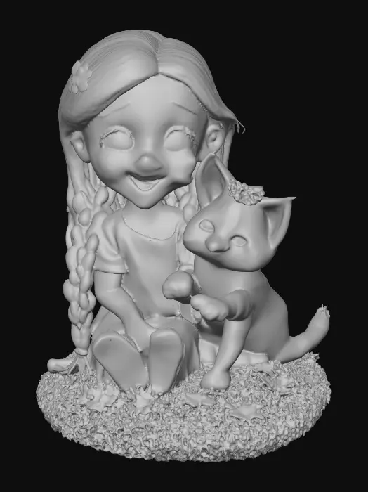 3D model for Cartoonish, adorable, laughing, freckled face, green eyed girl with long, red, intricate braids and a playful kitten with a flower crown, tugging at one of the braids, they are perched on a small, round grassy base with delicate daisy-like flowers, evoking joyous fun. Suitable for 3d printing. Well formed limbs and clear faces.