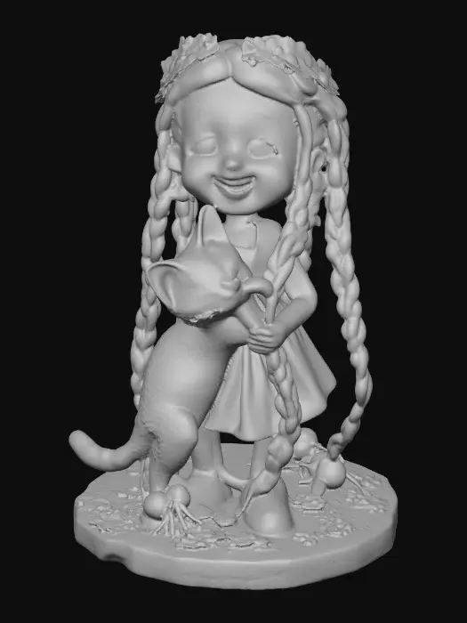 3D model for Cartoonish, adorable, laughing, freckled face, green eyed girl with long, red, intricate braids and a playful kitten with a flower crown, tugging at one of the braids, they are perched on a small, round grassy base with delicate daisy-like flowers, evoking joyous fun. Suitable for 3d printing. Well formed limbs and clear faces.
