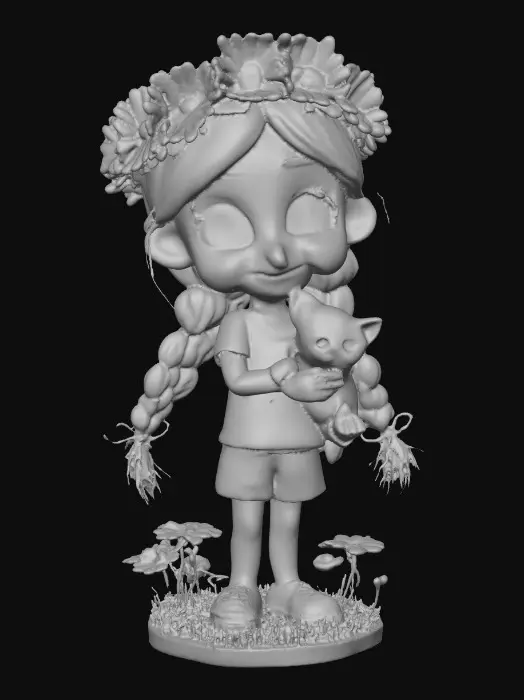 3D model for Cartoonish, adorable, laughing, freckled face, green eyed girl with long, red, intricate braids and a playful kitten with a flower crown, tugging at one of the braids, they are perched on a small, round grassy base with delicate daisy-like flowers, evoking joyous fun. Suitable for 3d printing. Well formed limbs and clear faces.