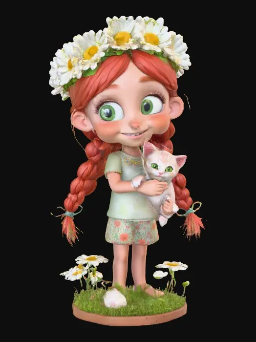 3D model for Cartoonish, adorable, laughing, freckled face, green eyed girl with long, red, intricate braids and a playful kitten with a flower crown, tugging at one of the braids, they are perched on a small, round grassy base with delicate daisy-like flowers, evoking joyous fun. Suitable for 3d printing. Well formed limbs and clear faces.