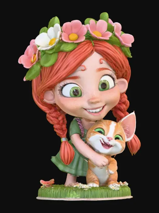 3D model for Cartoonish, adorable, laughing, freckled face, green eyed girl with long, red, intricate braids and a playful kitten with a flower crown, tugging at one of the braids, they are perched on a small, round grassy base with delicate daisy-like flowers, evoking joyous fun. Suitable for 3d printing. Well formed limbs and clear faces.