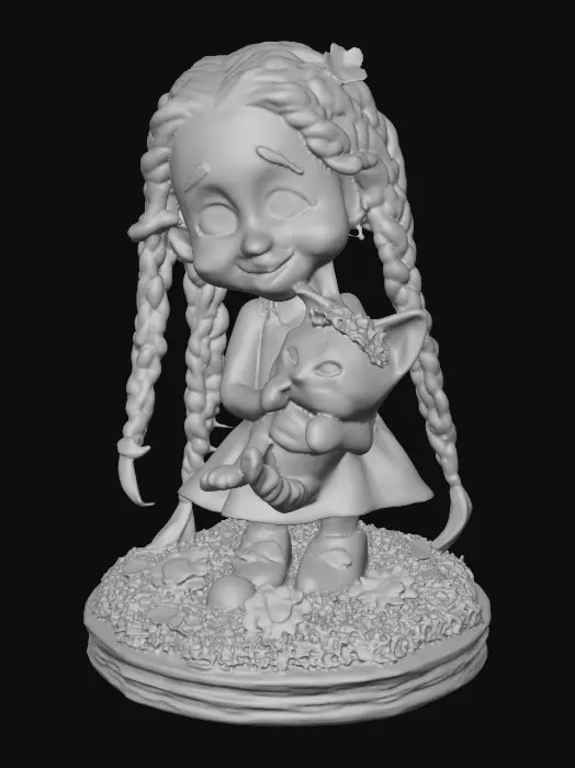 3D model for Cartoonish, adorable, laughing, freckled face, green eyed girl with long, red, intricate braids and a playful kitten with a flower crown, tugging at one of the braids, they are perched on a small, round grassy base with delicate daisy-like flowers, evoking joyous fun. Suitable for 3d printing. Well formed limbs and clear faces.