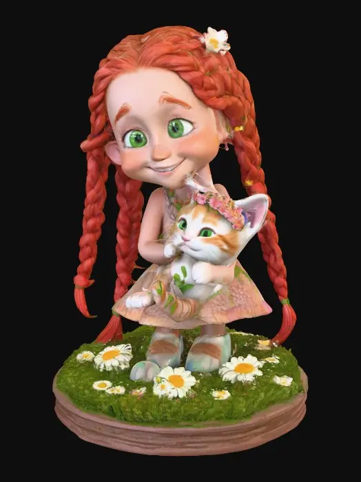3D model for Cartoonish, adorable, laughing, freckled face, green eyed girl with long, red, intricate braids and a playful kitten with a flower crown, tugging at one of the braids, they are perched on a small, round grassy base with delicate daisy-like flowers, evoking joyous fun. Suitable for 3d printing. Well formed limbs and clear faces.