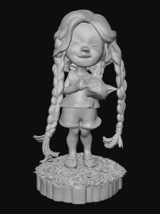 3D model for Cartoonish, adorable, laughing, freckled face, green eyed girl with long, red, intricate braids and a playful kitten with a flower crown, tugging at one of the braids, they are perched on a small, round grassy base with delicate daisy-like flowers, evoking joyous fun. Suitable for 3d printing. Well formed limbs and clear faces.