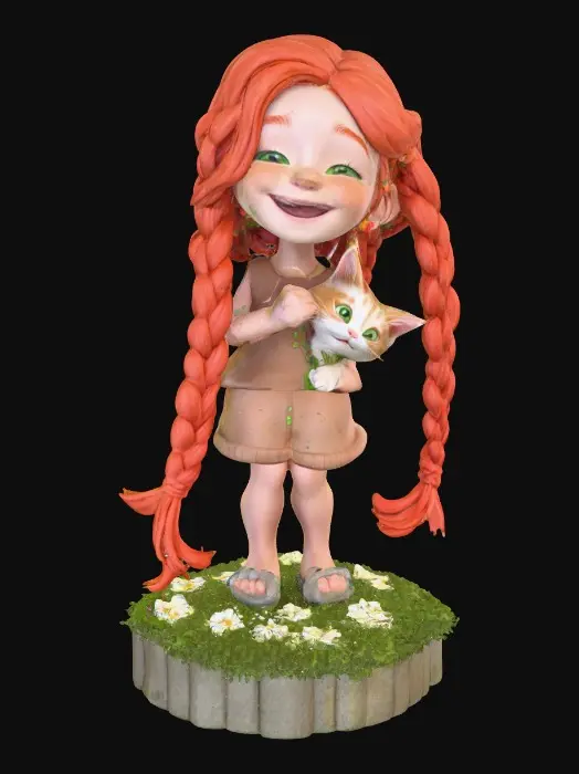 3D model for Cartoonish, adorable, laughing, freckled face, green eyed girl with long, red, intricate braids and a playful kitten with a flower crown, tugging at one of the braids, they are perched on a small, round grassy base with delicate daisy-like flowers, evoking joyous fun. Suitable for 3d printing. Well formed limbs and clear faces.