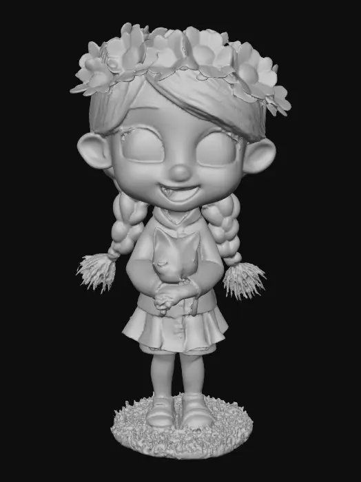3D model for Cartoonish, adorable, laughing, freckled face, green eyed girl with long, red, intricate braids and a playful kitten with a flower crown, tugging at one of the braids, they are perched on a small, round grassy base with delicate daisy-like flowers, evoking joyous fun. Suitable for 3d printing. Well formed limbs and clear faces.