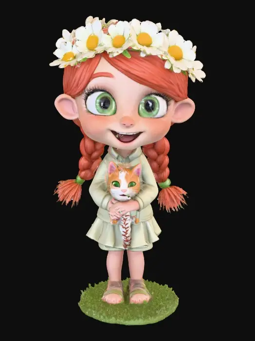 3D model for Cartoonish, adorable, laughing, freckled face, green eyed girl with long, red, intricate braids and a playful kitten with a flower crown, tugging at one of the braids, they are perched on a small, round grassy base with delicate daisy-like flowers, evoking joyous fun. Suitable for 3d printing. Well formed limbs and clear faces.