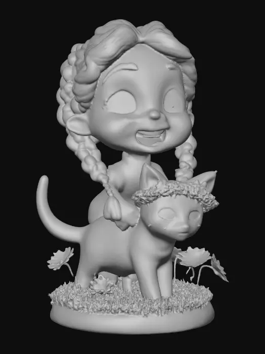 3D model for Hyper-realistic, adorable, laughing, freckled face, green eyed girl with long, red, intricate braids and a playful kitten with a flower crown, tugging at one of the braids, they are perched on a small, round grassy base with delicate daisy-like flowers, evoking joyous fun. Suitable for 3d printing. Well formed limbs and clear faces.